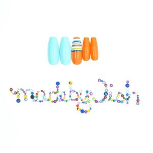 Blue Orange Stripes Long Coffin Gel Press On Nails